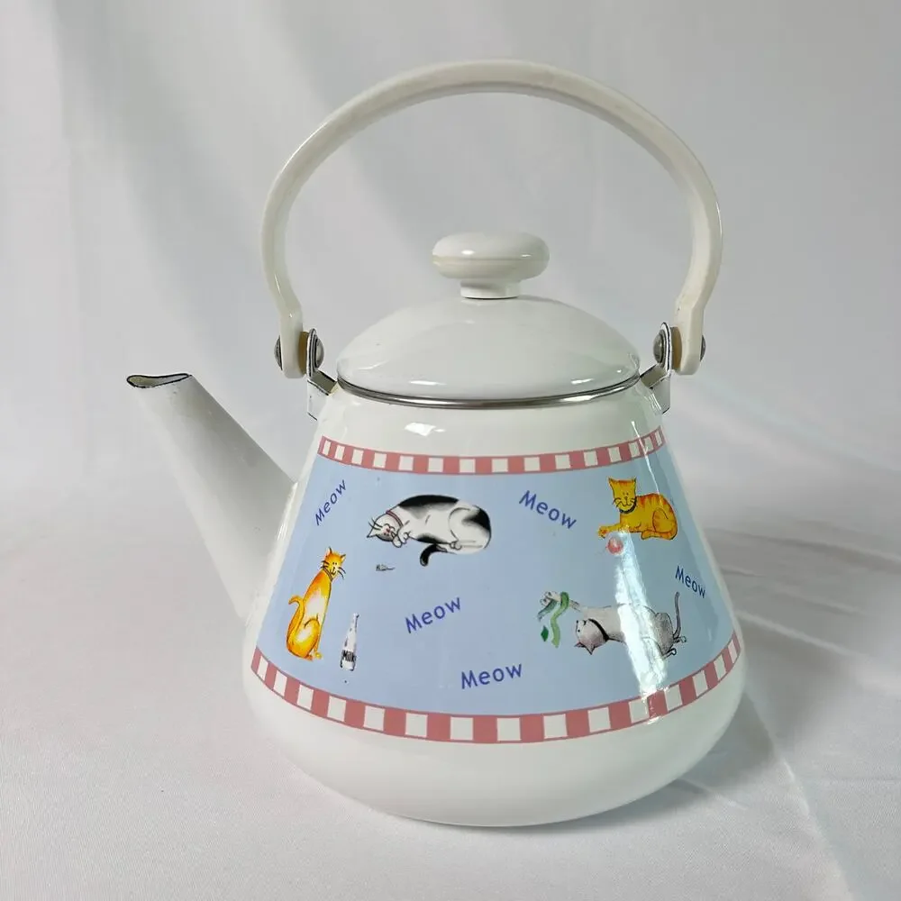 Vintage 80s Kitsch Whimsical Cat Enamel Kettle